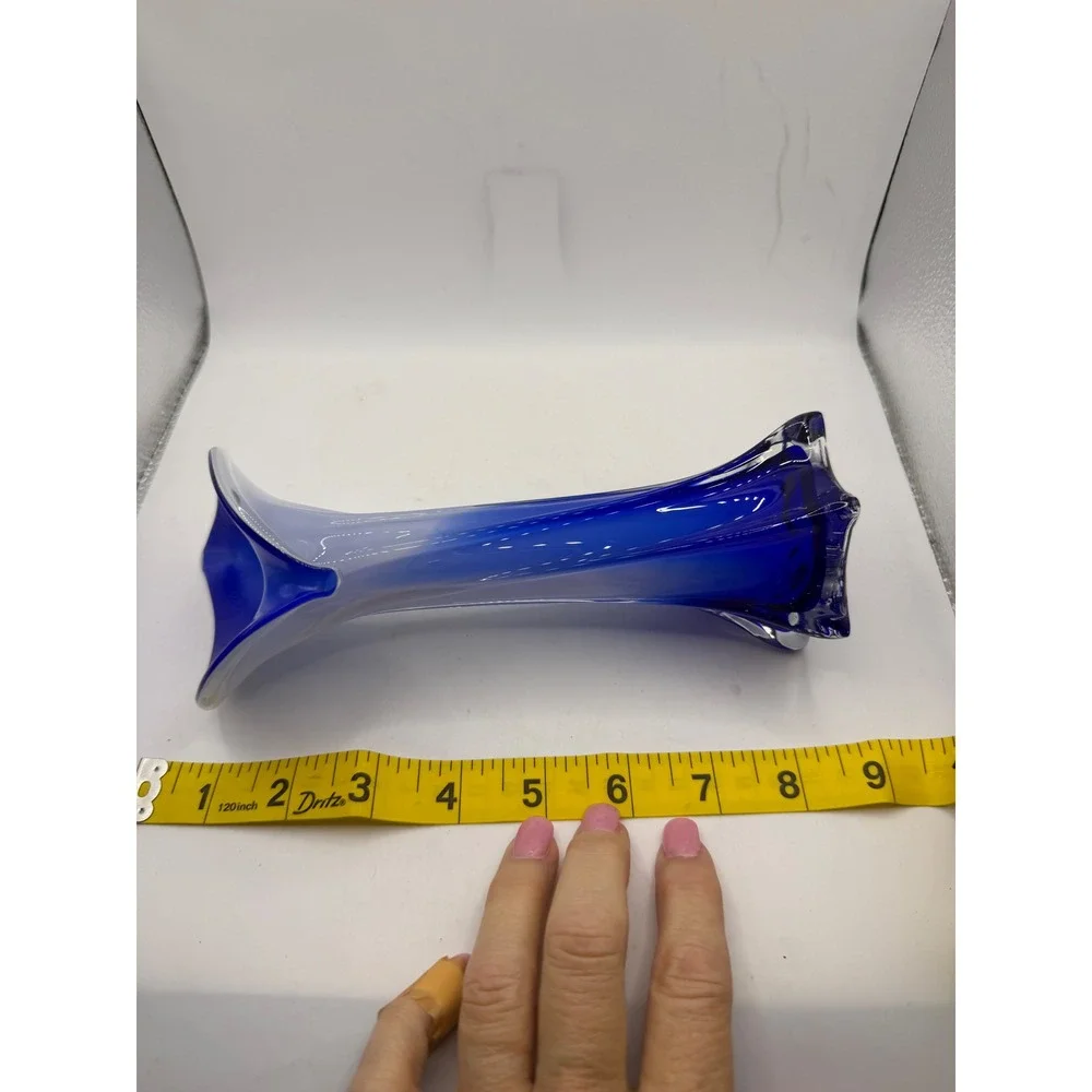 Cobalt Blue Art Glass Calla Lily Vase Hand Blown Twisted Stem 8.5 Inch Decor